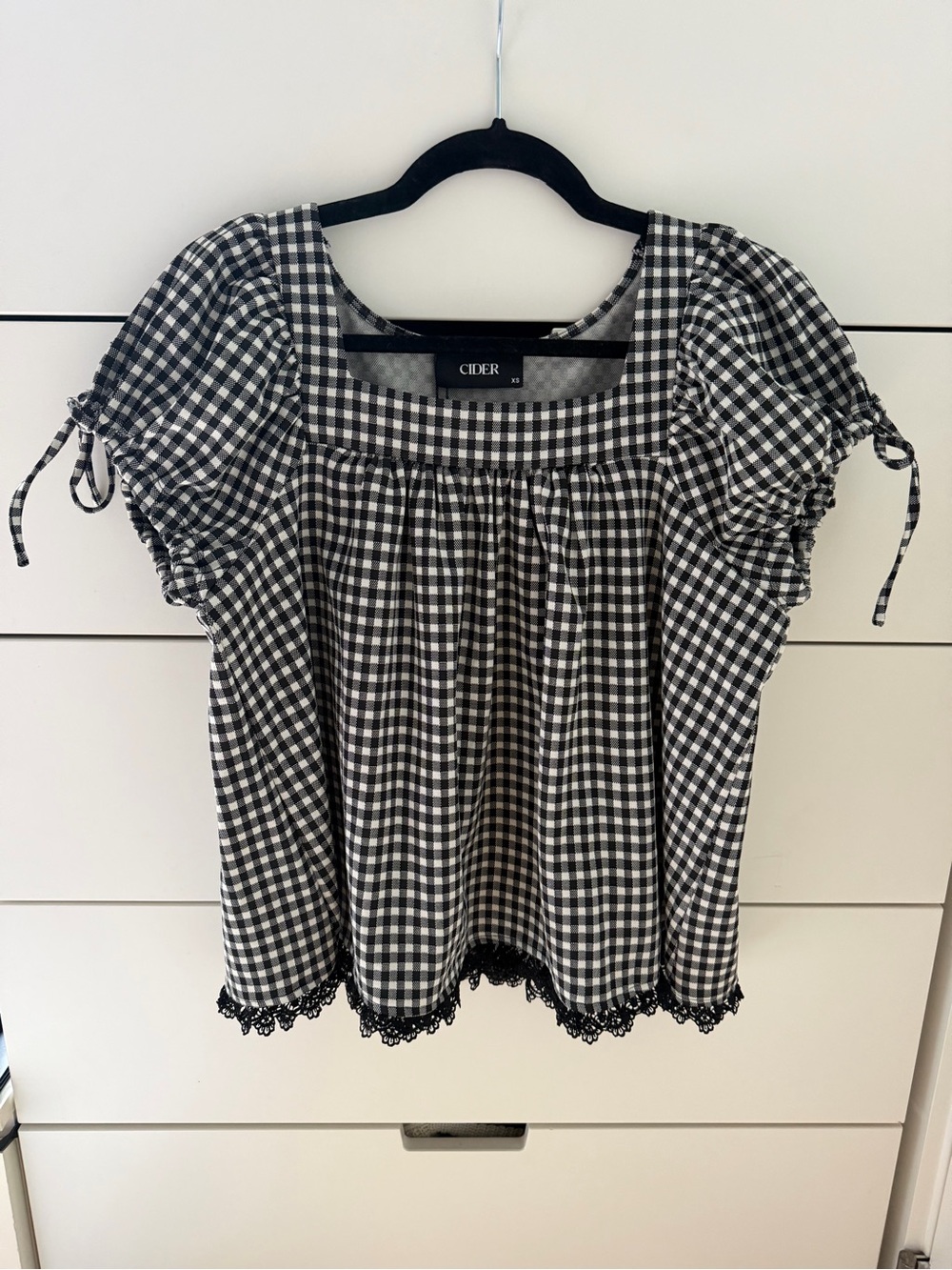 Cider Black & White Gingham Square-Neck Puff Sleeve Blouse